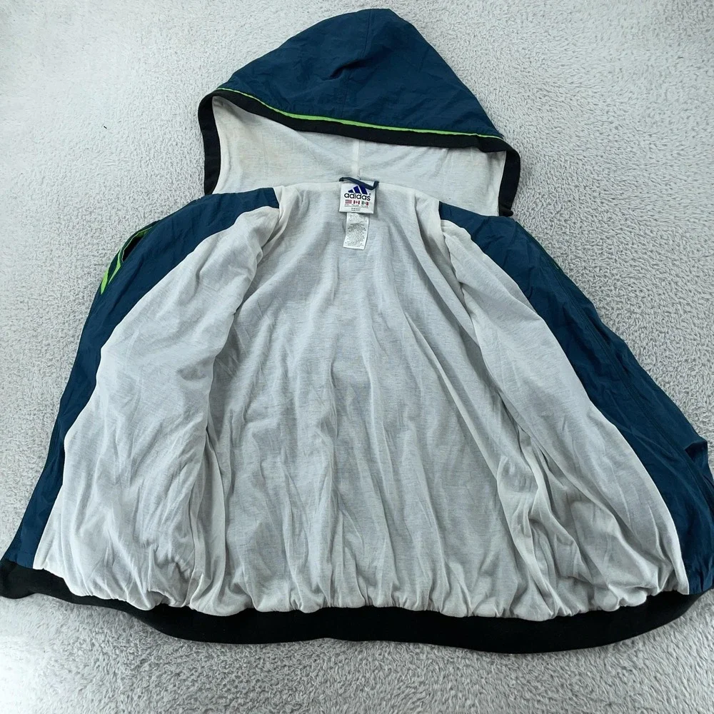 Vtg Adidas Hooded Windbreaker Jacket Mens L CROP FIT Blue Green Zip Three Stripe